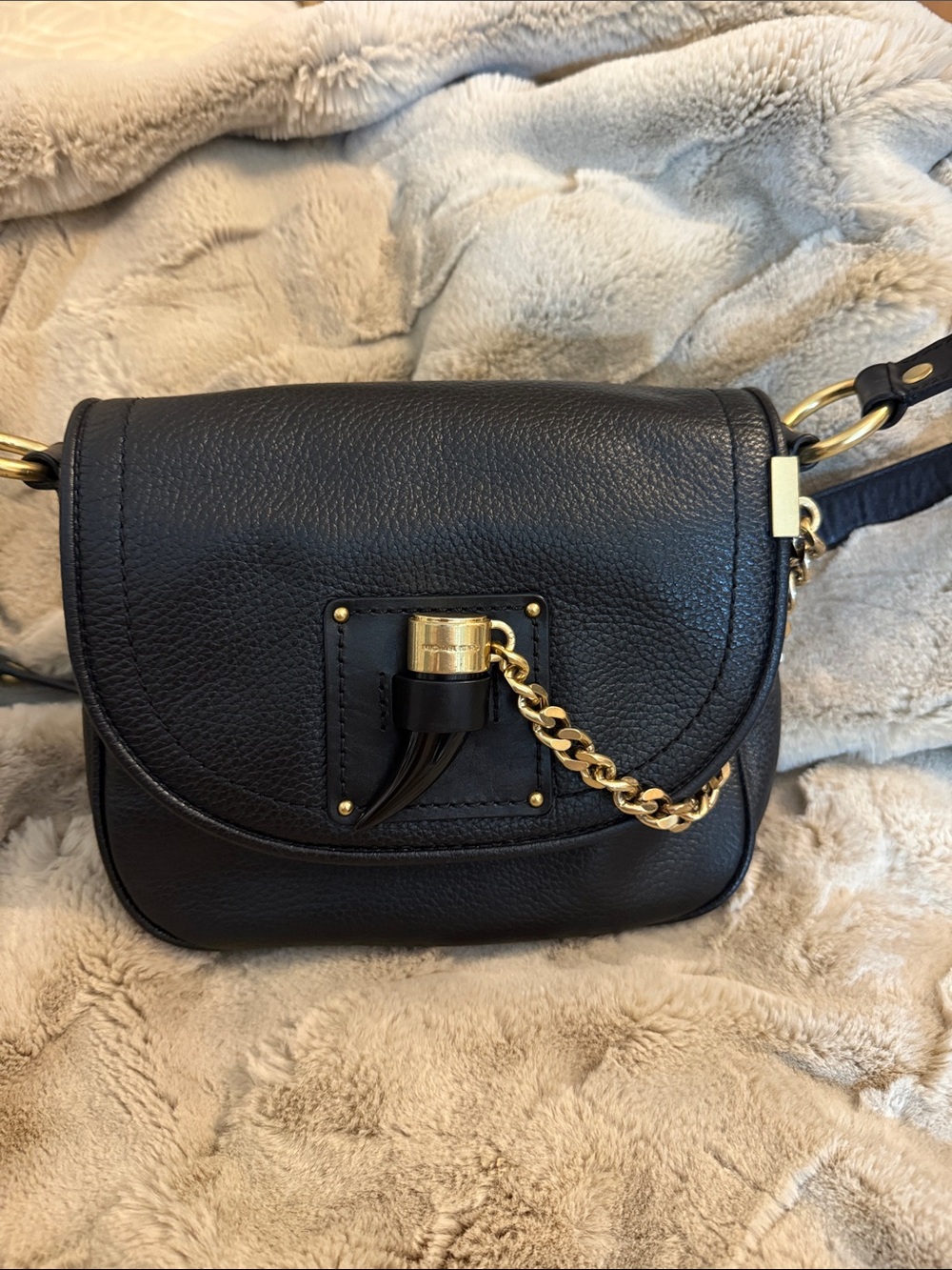 Michael Kors Black Leather Crossbody with Gold Chain Detail-Vintage Rare - Picture 1 of 9